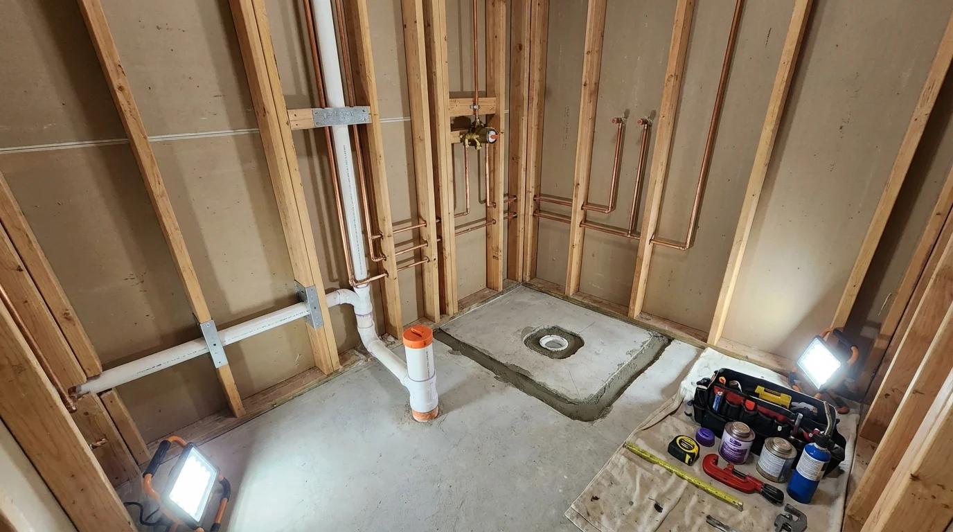 Bathroom rough-in plumbing during remodel by Johns Plumbing LLC in Fairfield Bay