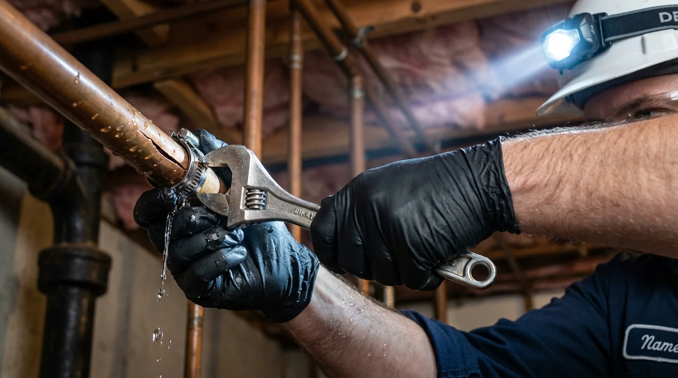 Emergency pipe clamp repair being performed by a Johns Plumbing LLC plumber in Fairfield Bay