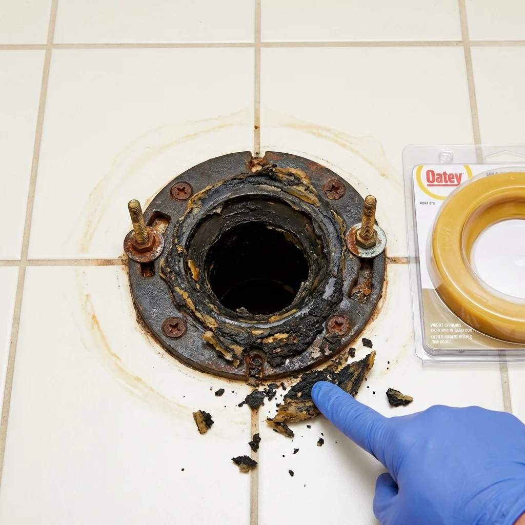 Failed wax ring showing water seepage at the base of a toilet in a Fairfield Bay, AR home